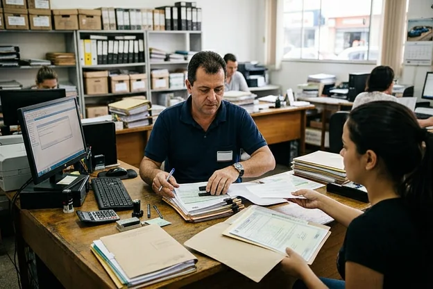 Despachante coletando documentos para licenciamento veicular.